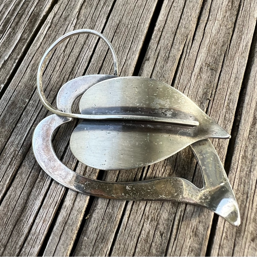 Vintage Beau Sterling Modernist Signed Brooch 2.5”Length x 1.75” Width As Is